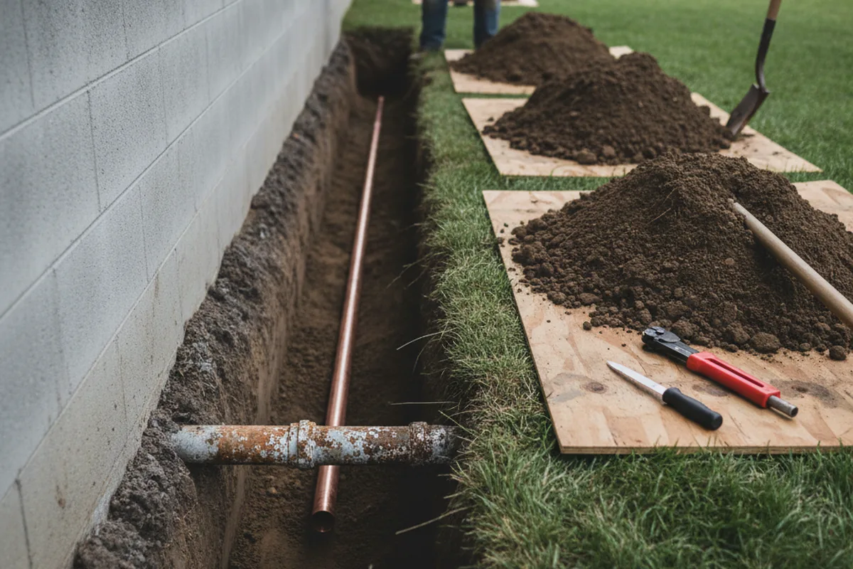 Excavated water line trench during Water Softener Installation in Wauchula
